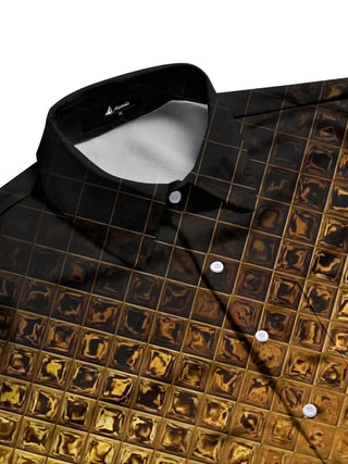 Men's gold geometric print short sleeve shirt flat lay