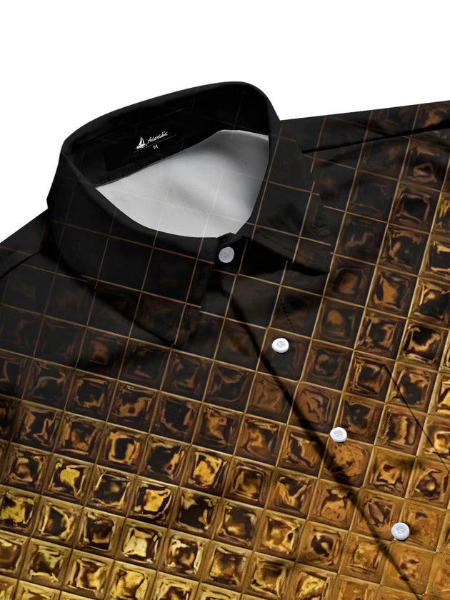 Men's gold geometric print short sleeve shirt flat lay