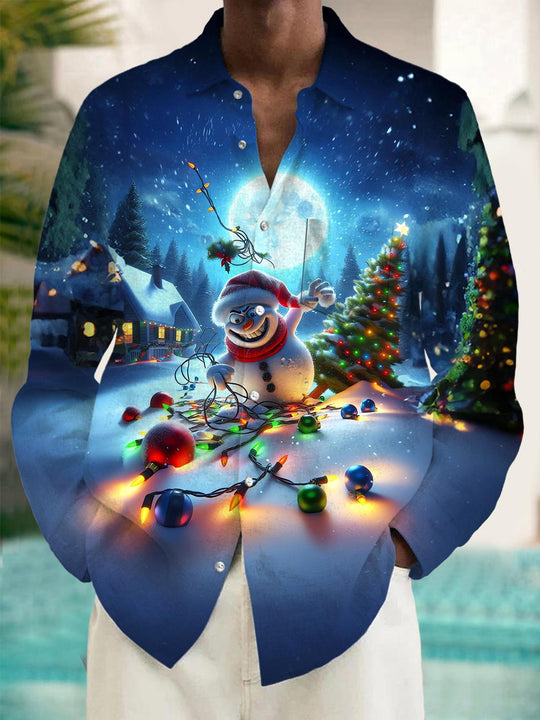 Men's red Christmas snowman long sleeve shirt front view for holiday party