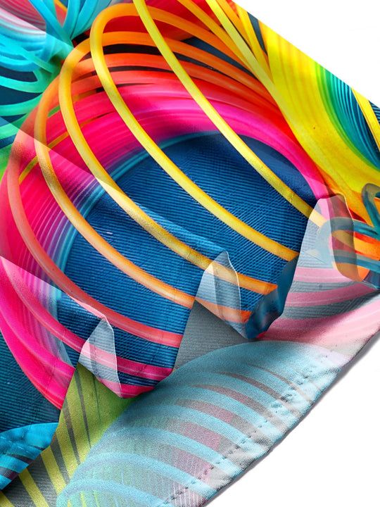 Men wearing vibrant circle print short sleeve shirt lifestyle shot