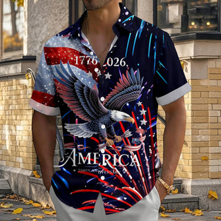 Men wearing red Hawaiian American flag short sleeve button up shirt at Independence Day parade