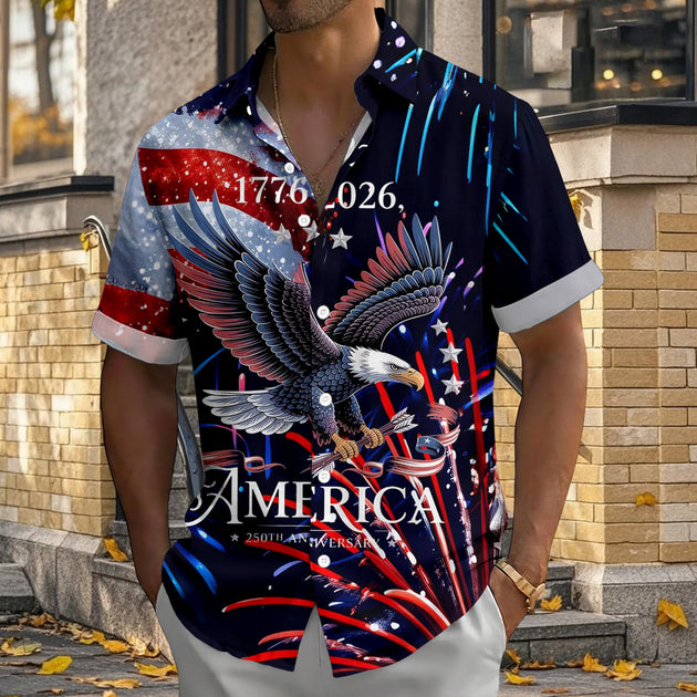 Men wearing red Hawaiian American flag short sleeve button up shirt at Independence Day parade