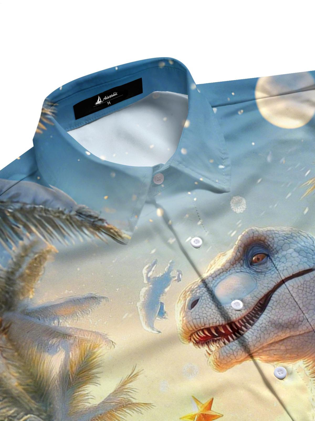 Winter Dinosaur Christmas Tree Print Men's Pocket Long Sleeve Shirts