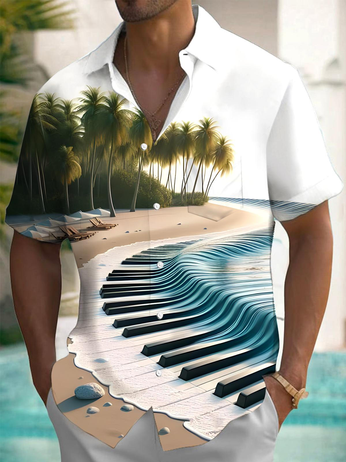 Hawaiian Beach Piano Coconut Tree Print Men's Pocket Short Sleeve Shirts