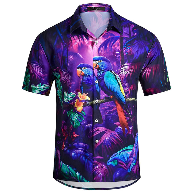 Men Beach Shirts Parrot Hawaiian Button Up Summer Casual Shirts Loose Fit Vacation Tops for Vacation Dating Travel security