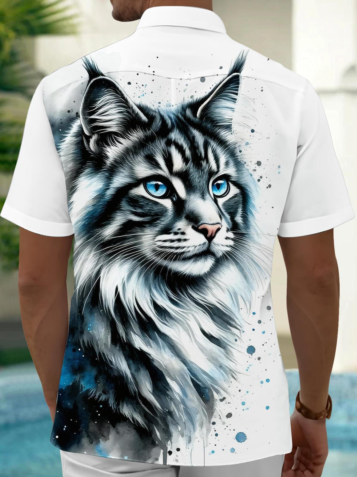 Cat Print Men's Pocket Short Sleeve Shirts
