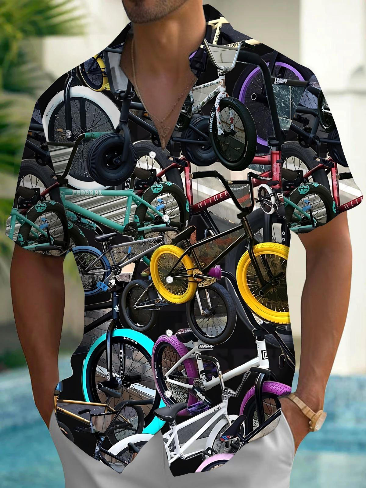 Bicycle Print Men's Pocket Short Sleeve Shirts
