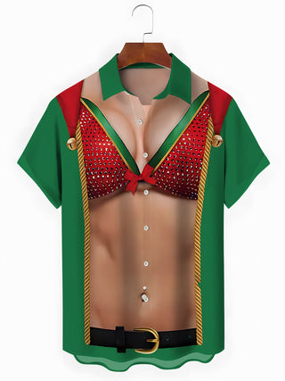 Men's funny Christmas print short sleeve shirt front view for holiday party