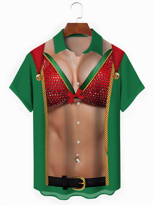 Men's funny Christmas print short sleeve shirt front view for holiday party