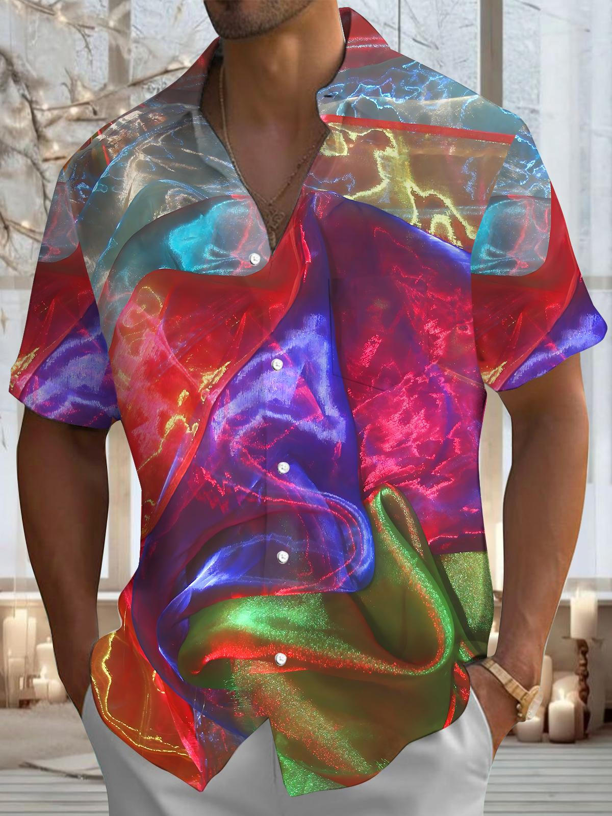 Colorful Print Men's Pocket Short Sleeve Shirts