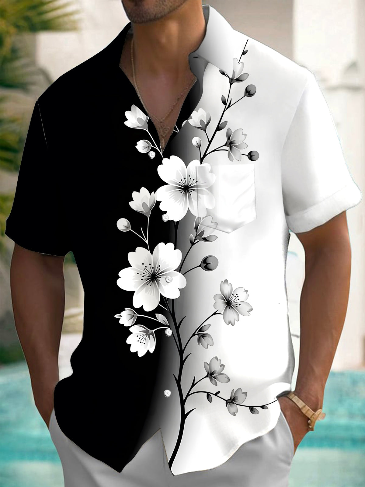 Floral Print Men's Pocket Short Sleeve Shirts