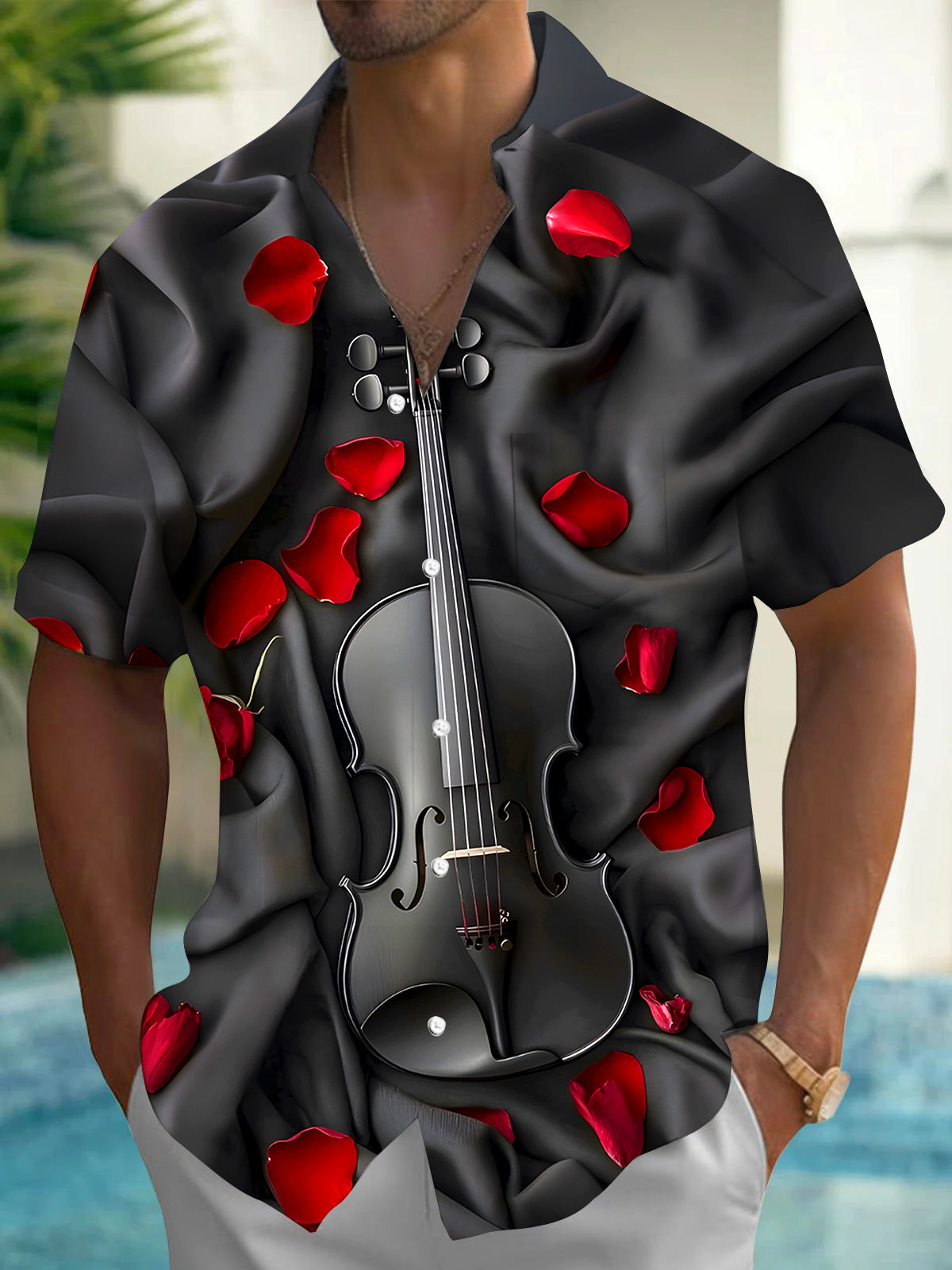 Violin Rose Men's Pocket Short Sleeve Shirts