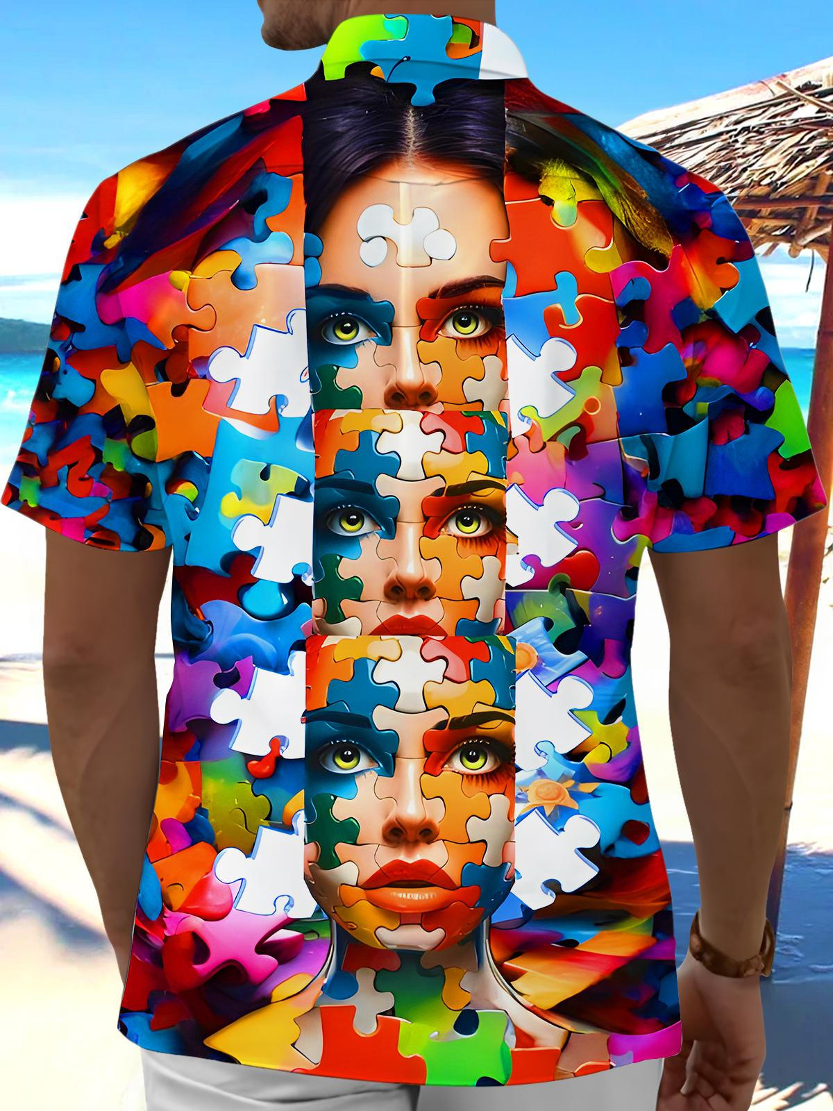 Funny Colorful Face Puzzle Men's Pocket Short Sleeve Shirts
