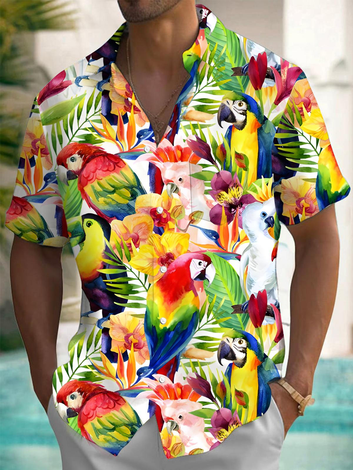 Hawaiian Plant Parrot Men's Pocket Short Sleeve Shirts