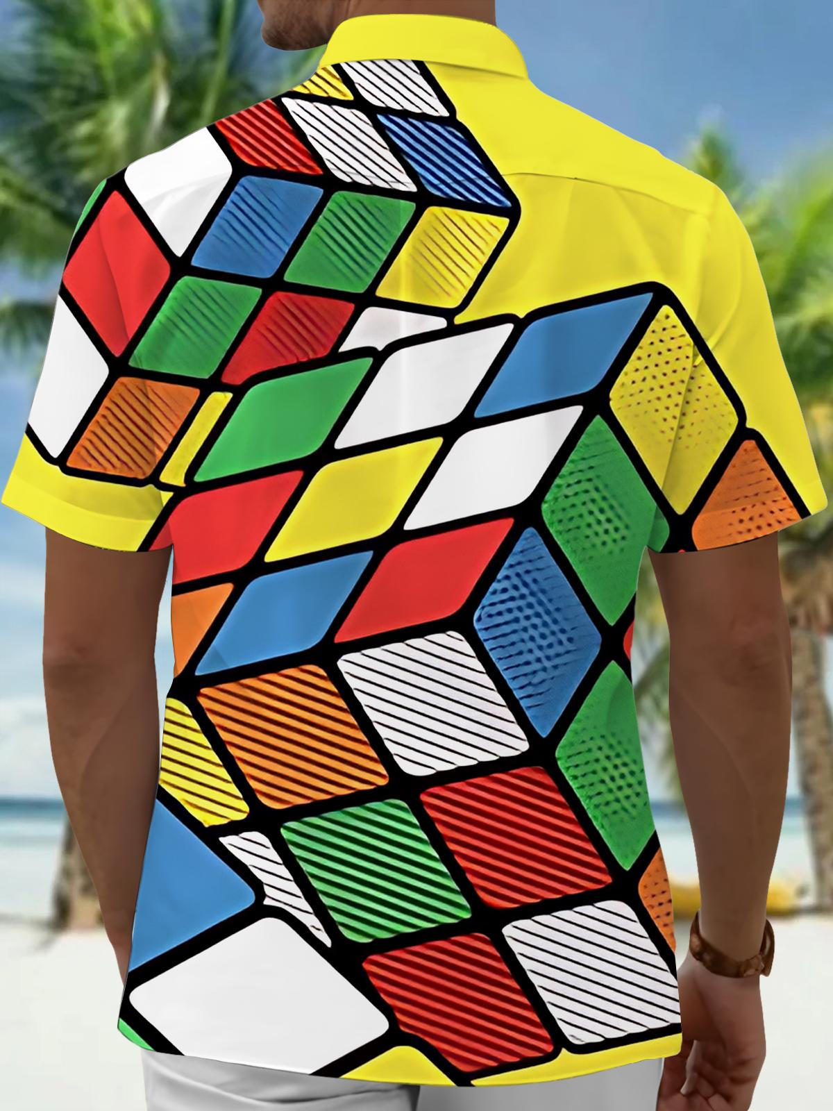 Rubik's Cube Print Men's Pocket Short Sleeve Shirts
