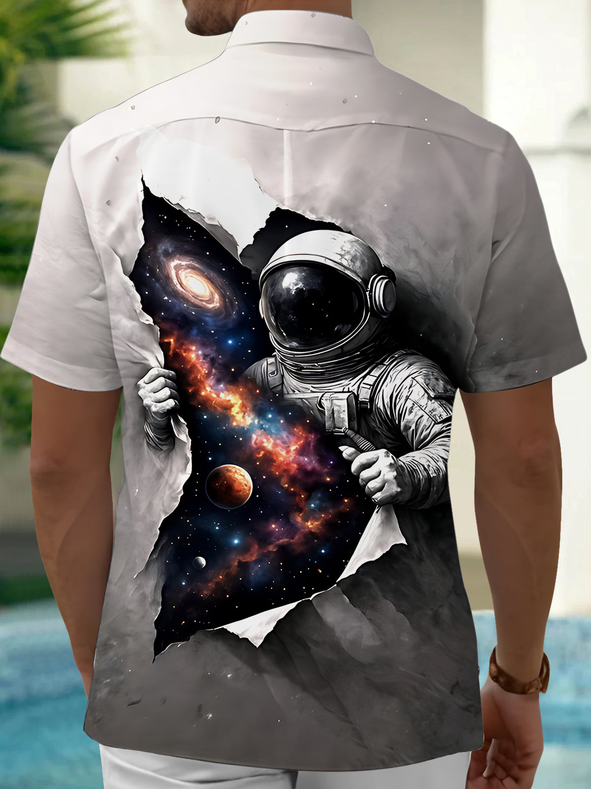 Space Astronaut Print Men's Pocket Short Sleeve Shirts