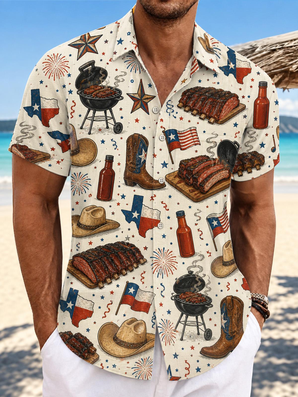 Western Cowboy American Flag Barbecue Print Men's Pocket Short Sleeve Shirts