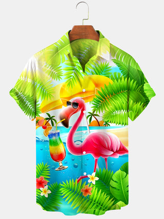 Men's Hawaiian flamingo cocktail short sleeve shirt front view tropical beach vacation