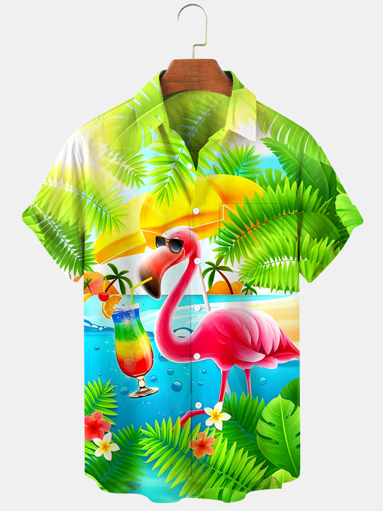 Men's Hawaiian flamingo cocktail short sleeve shirt front view tropical beach vacation