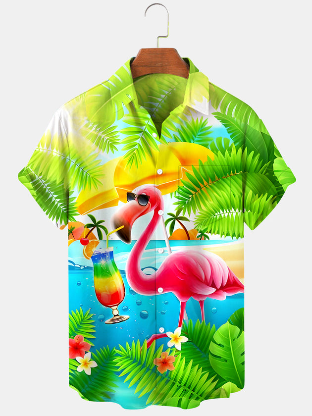 Men's Hawaiian flamingo cocktail short sleeve shirt front view tropical beach vacation