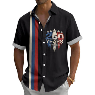 Men's American flag Hawaiian shirt lifestyle shot at a summer vacation parade, short sleeve tropical top for Independence Day
