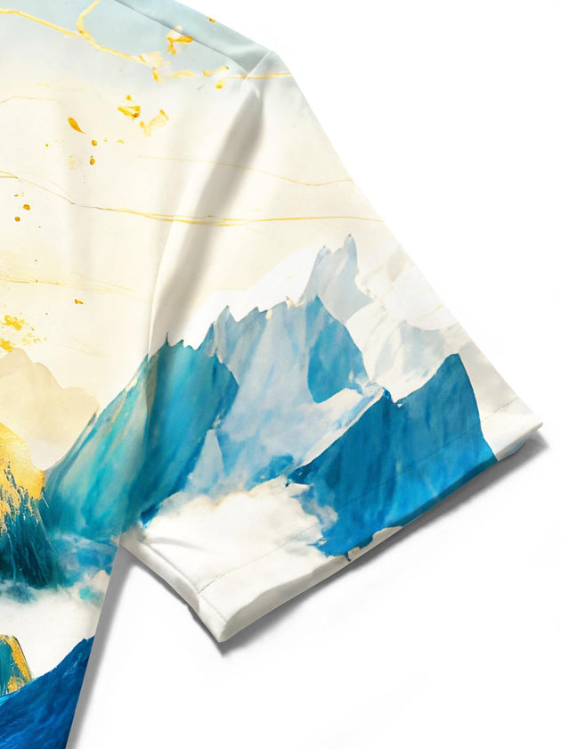 Men's Art Sun Moon Golden Mountains patterned short sleeve shirt close-up fabric texture detail