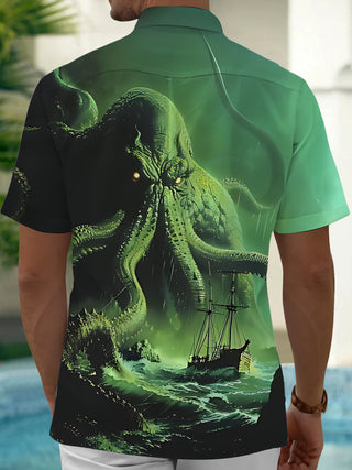 Men's Giant Pctopus Boat Print Back View Short Sleeve Shirt