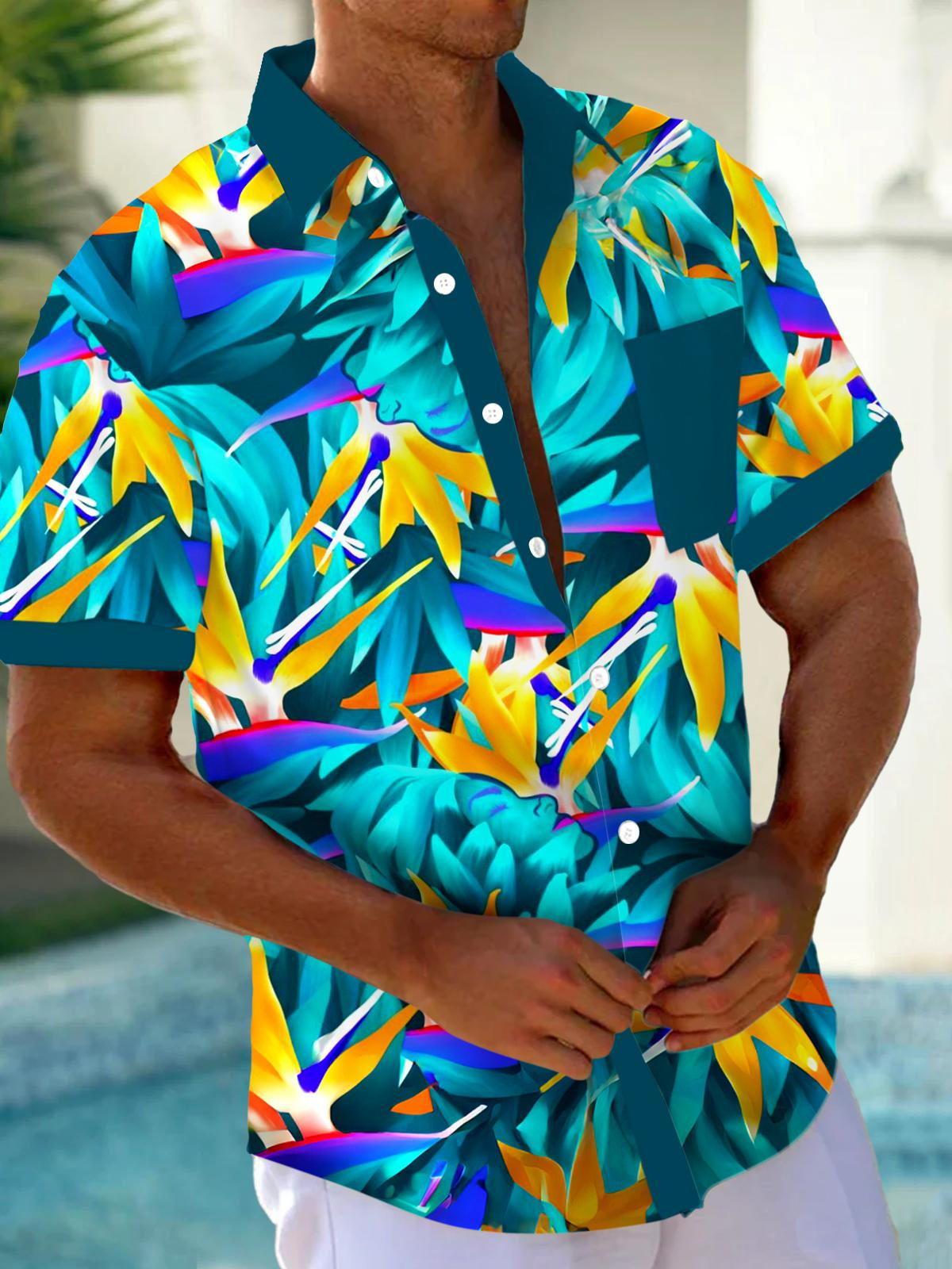 Hawaiian Leaf Face Short Sleeve Men's Shirts With Pocket