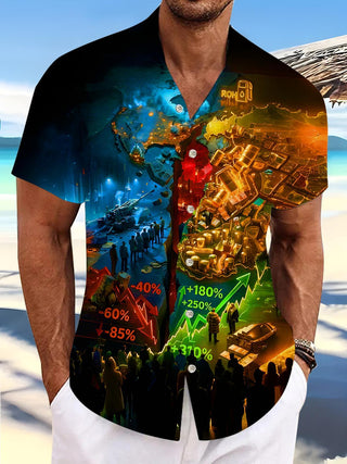 men dark futuristic exhibition global economic trends print short sleeve shirt front view