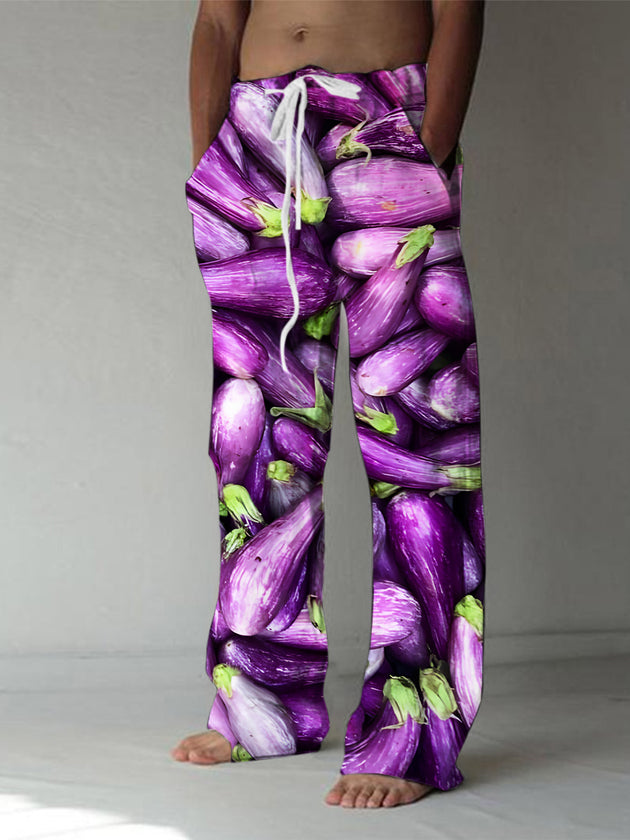 Men's casual eggplant print elastic waist pants front view