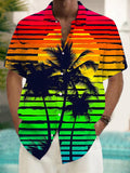 Rainbow Coconut Tree Print Men's Pocket Short Sleeve Shirts