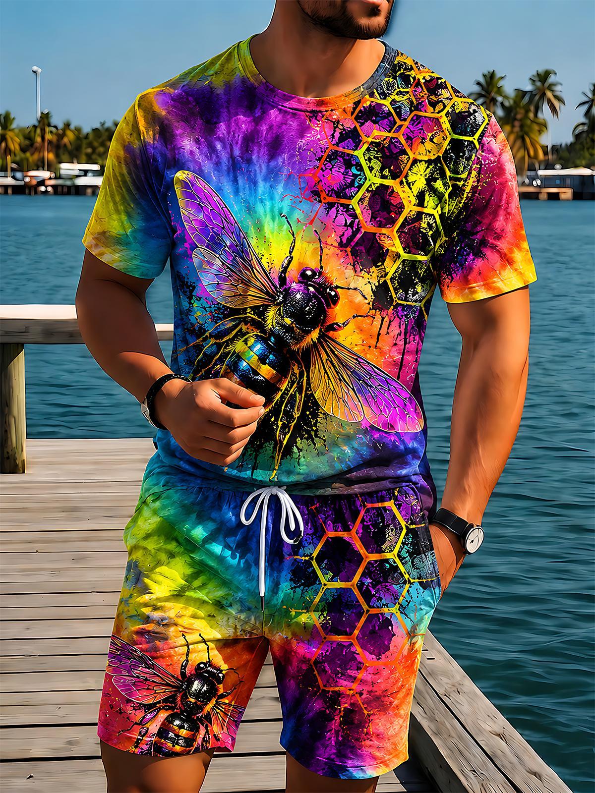 Colorful Tie-Dye Rainbow Bee Honeycomb Men's Short Sleeve Round Neck T-shirt And Shorts Set