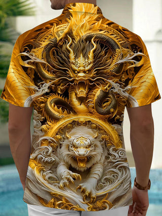 Men's golden dragon white tiger print short sleeve shirt back view