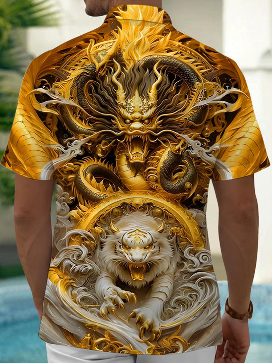 Men's golden dragon white tiger print short sleeve shirt back view