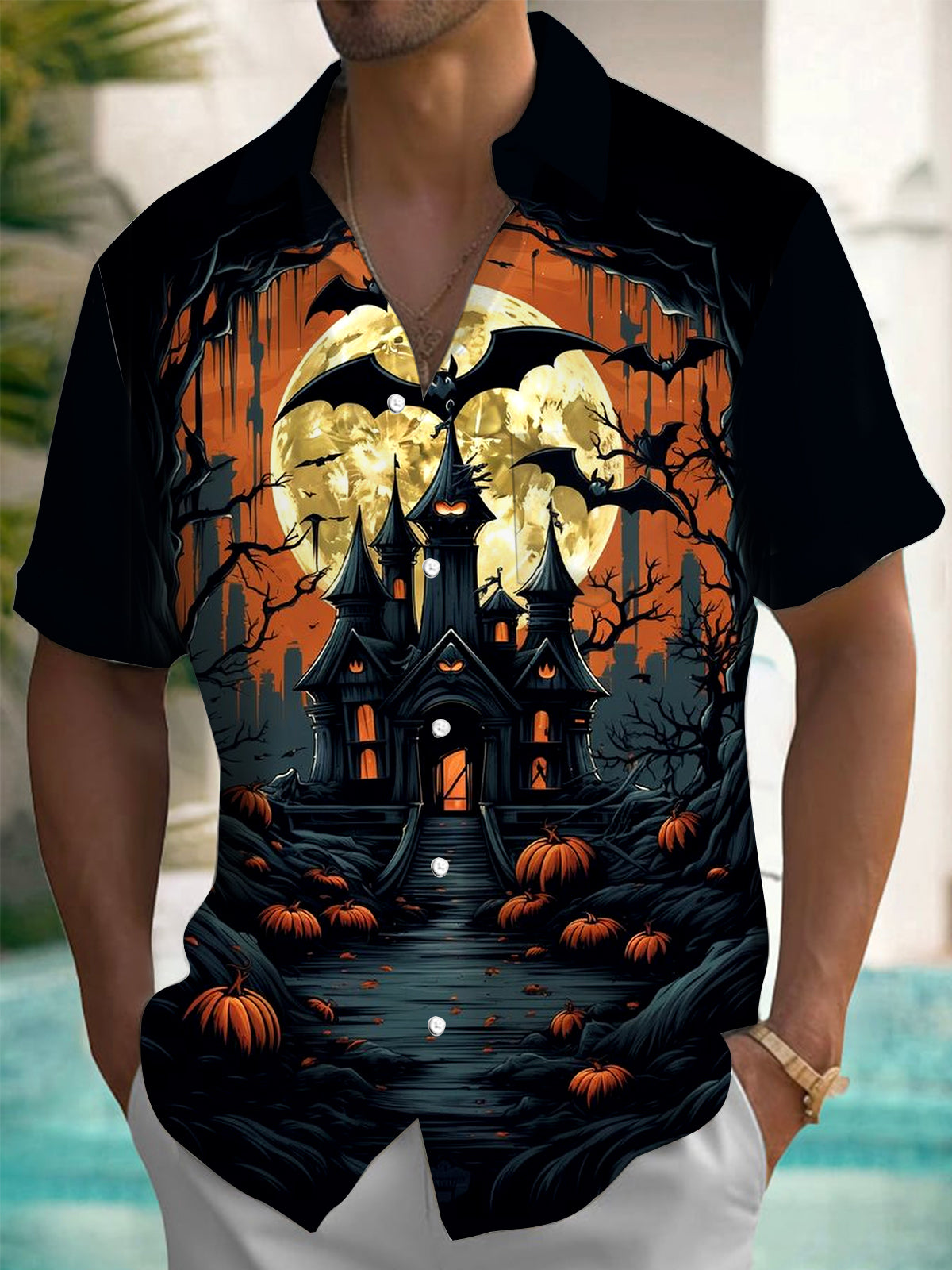 Halloween Print Men's Pocket Short Sleeve Shirts