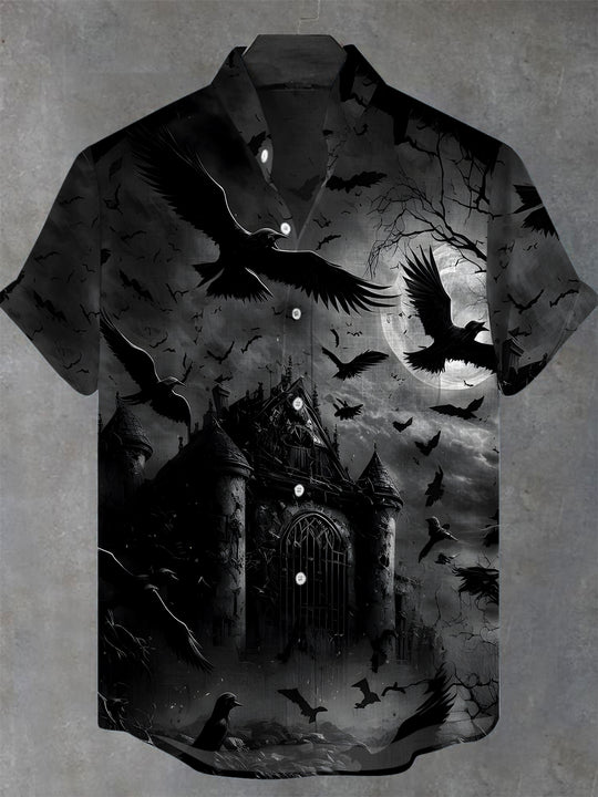Men's black pocket short sleeve stand collar shirt front view Halloween costume