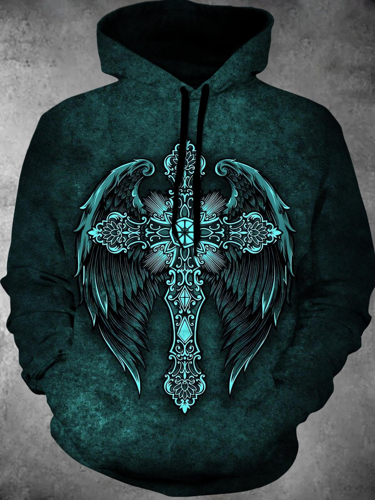 Cross Wings Long Sleeve Hooded Pocket Men's Top