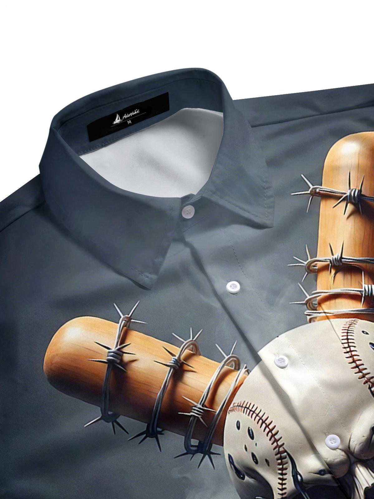 Baseball Skull Print Men's Pocket Short Sleeve Shirts