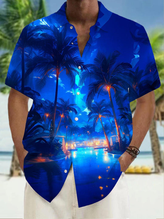 Men's Hawaiian botanical coconut tree print pocket short sleeve shirt front view for tropical beach vacation