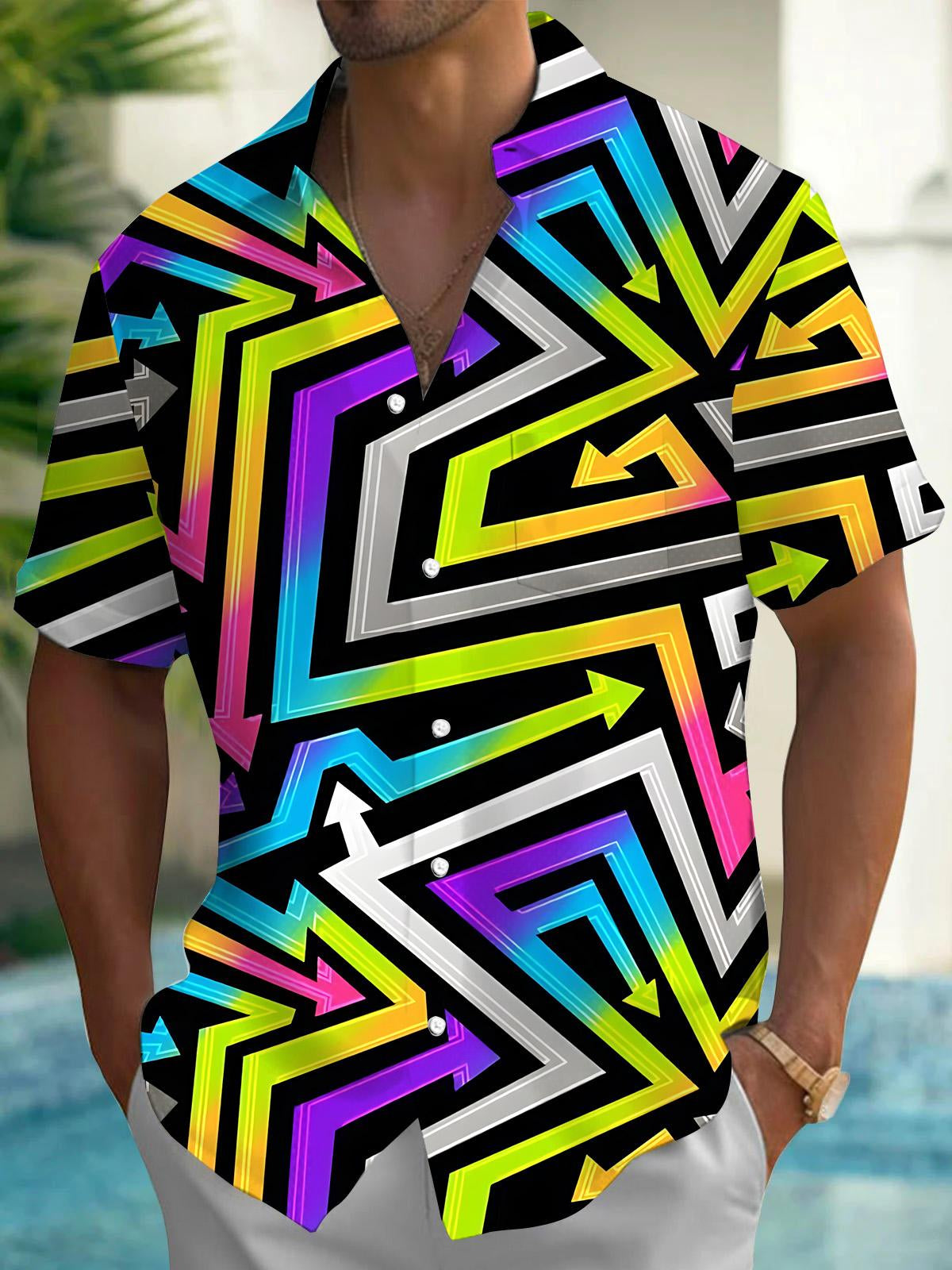 Geometric Line Print Men's Pocket Short Sleeve Shirts