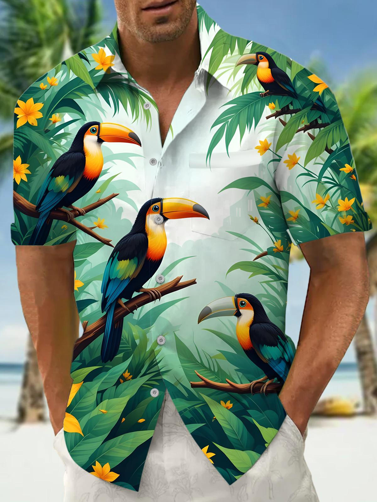 Hawaiian Toucan Floral Print Men's Pocket Short Sleeve Shirts