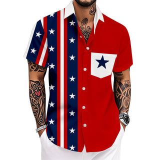 Men's short sleeve Hawaiian American flag print shirt worn at backyard barbecue for Independence Day