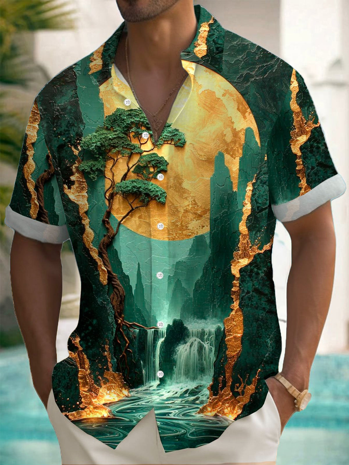 Landscape Waterfall Print Men's Pocket Short Sleeve Shirts