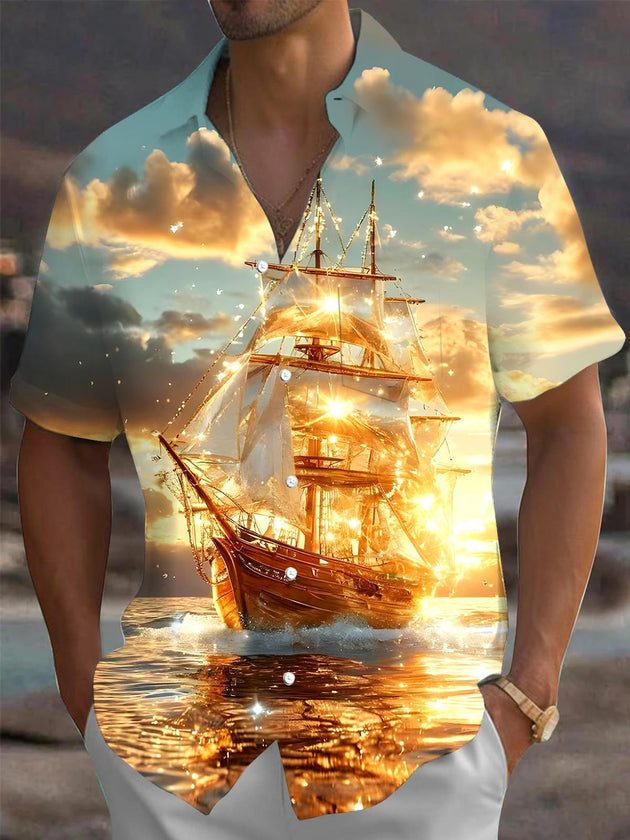 Men's Hawaiian short sleeve shirt front view for tropical beach vacation