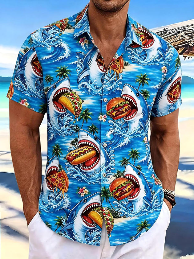 Hawaiian Shark Hot Dog Hamburger Print Men's Pocket Short Sleeve Shirts