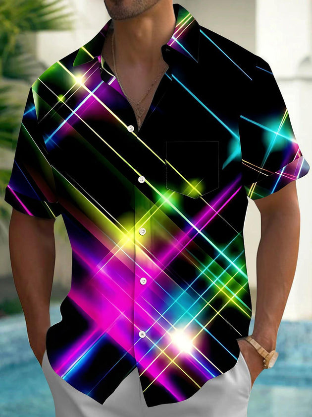 Neon Colorful Light Grid Men's Pocket Short Sleeve Shirts