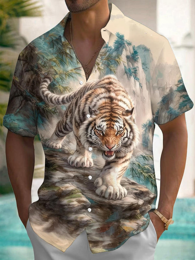 Men's forest tiger print short sleeve shirt front view