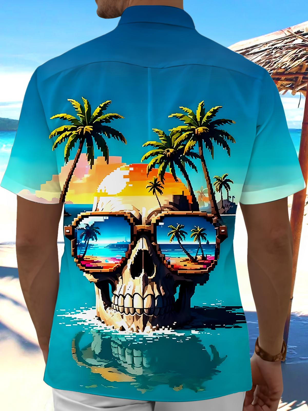 Hawaiian Coconut Tree Skull Men's Pocket Short Sleeve Shirts