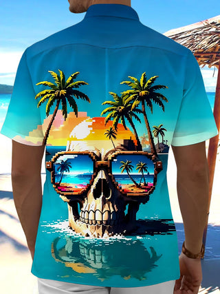 Men's Hawaiian skull print short sleeve shirt back view