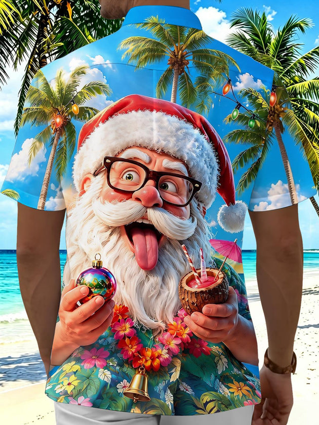 Hawaiian Vacation Tropical Christmas Santa Claus Men's Pocket Short Sleeve Shirts